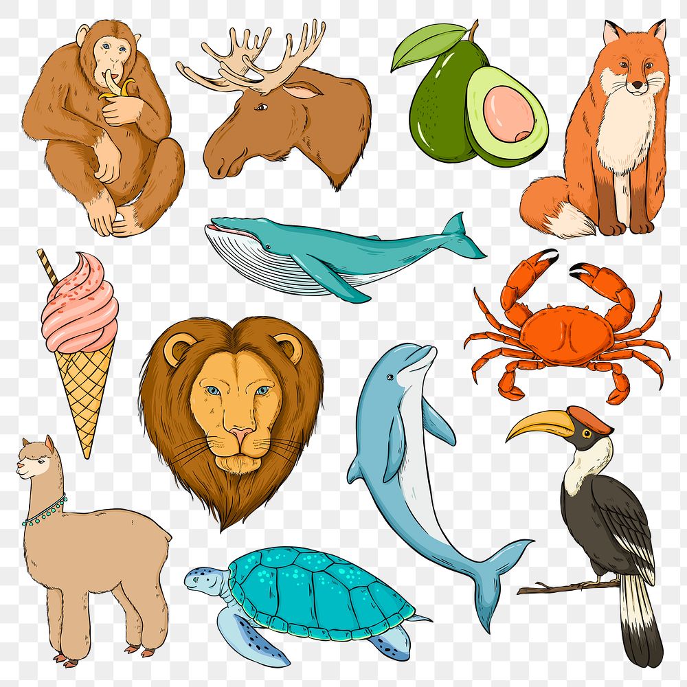 Png animal sticker set colorful clipart