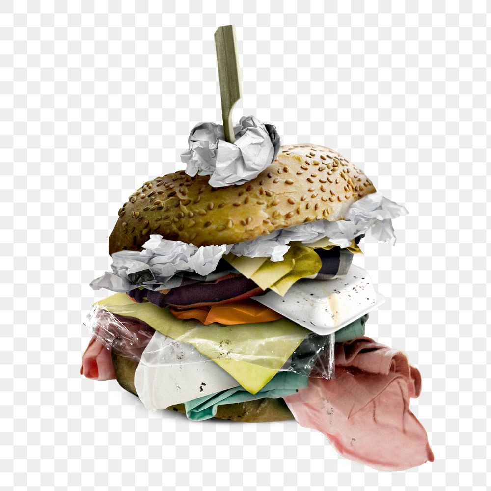 Burger filled with trash pollution sticker