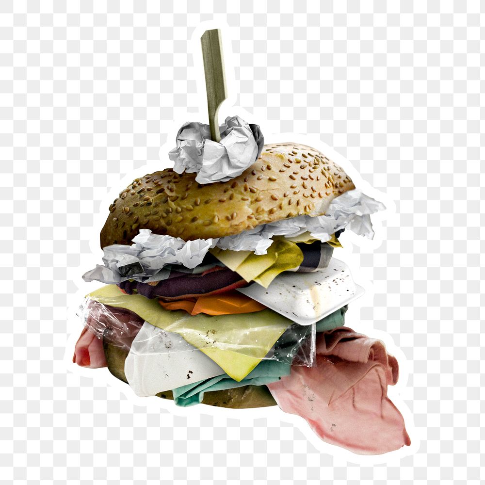 Burger filled with trash pollution sticker