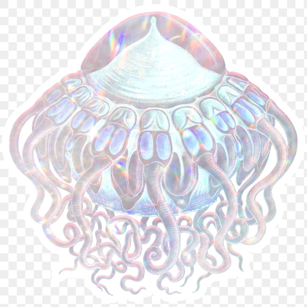 Silver holographic jellyfish sticker with a white border