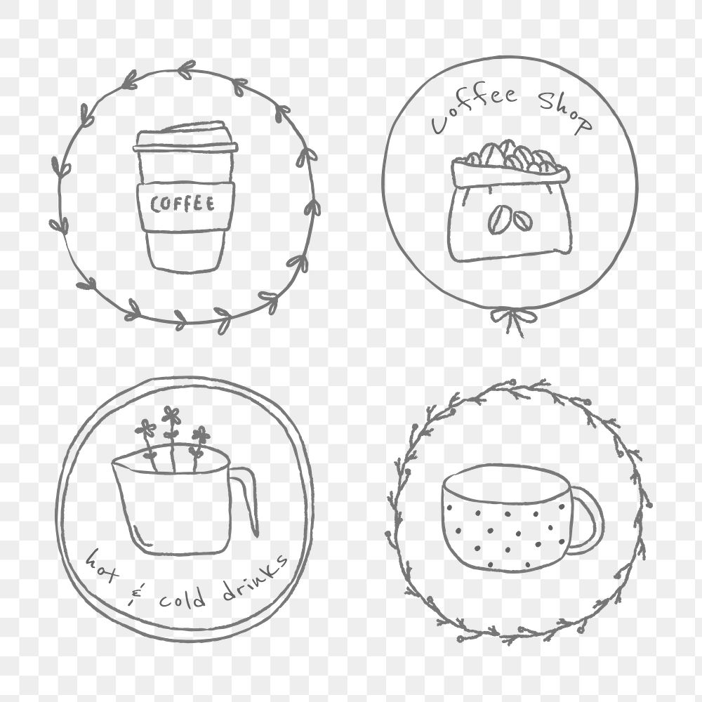 Cute coffee doodle badge design element set