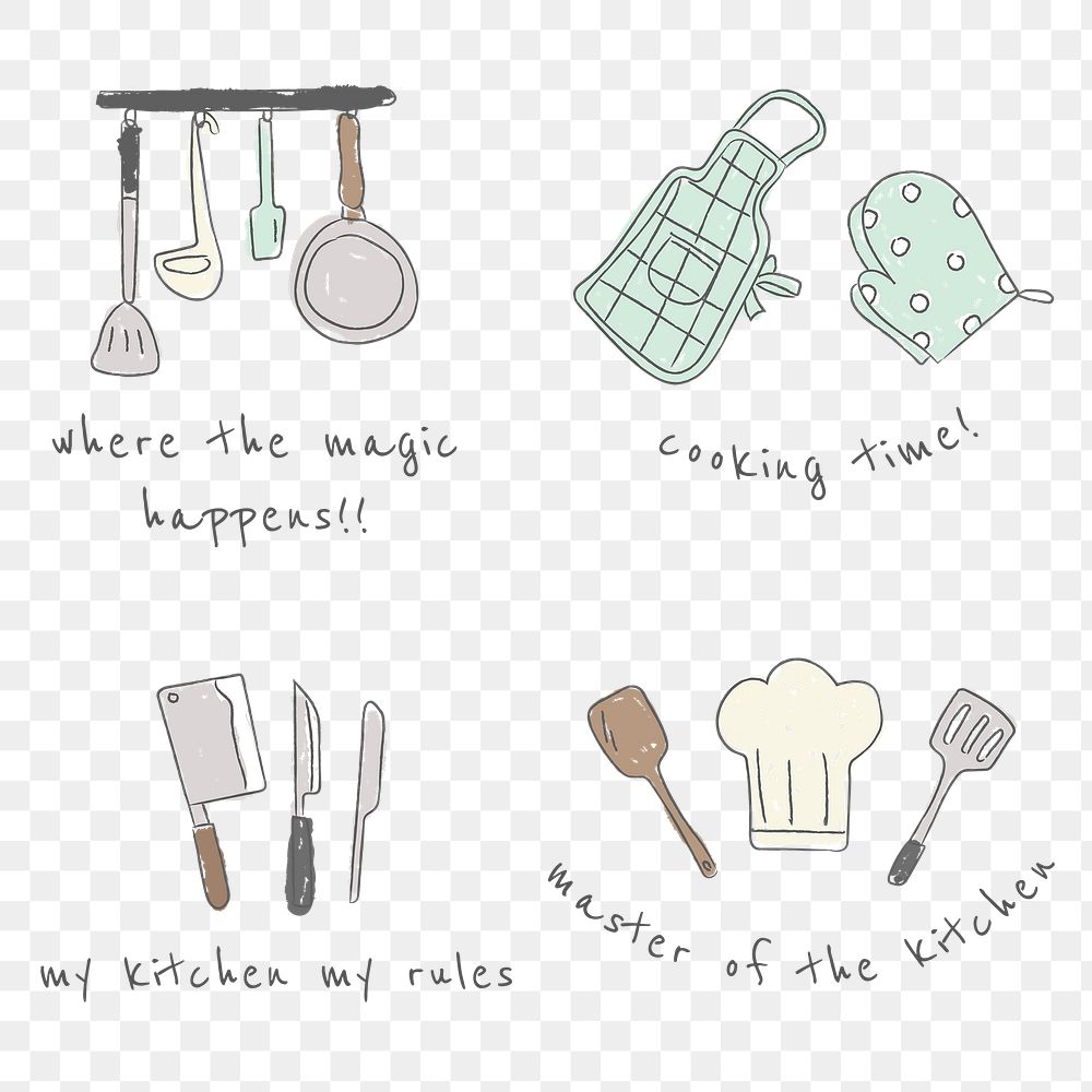 Cute cooking utensils doodle stickers set
