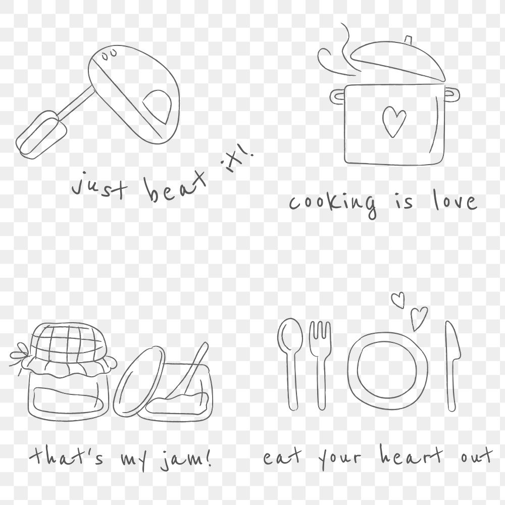 Cute cooking utensils doodle stickers set
