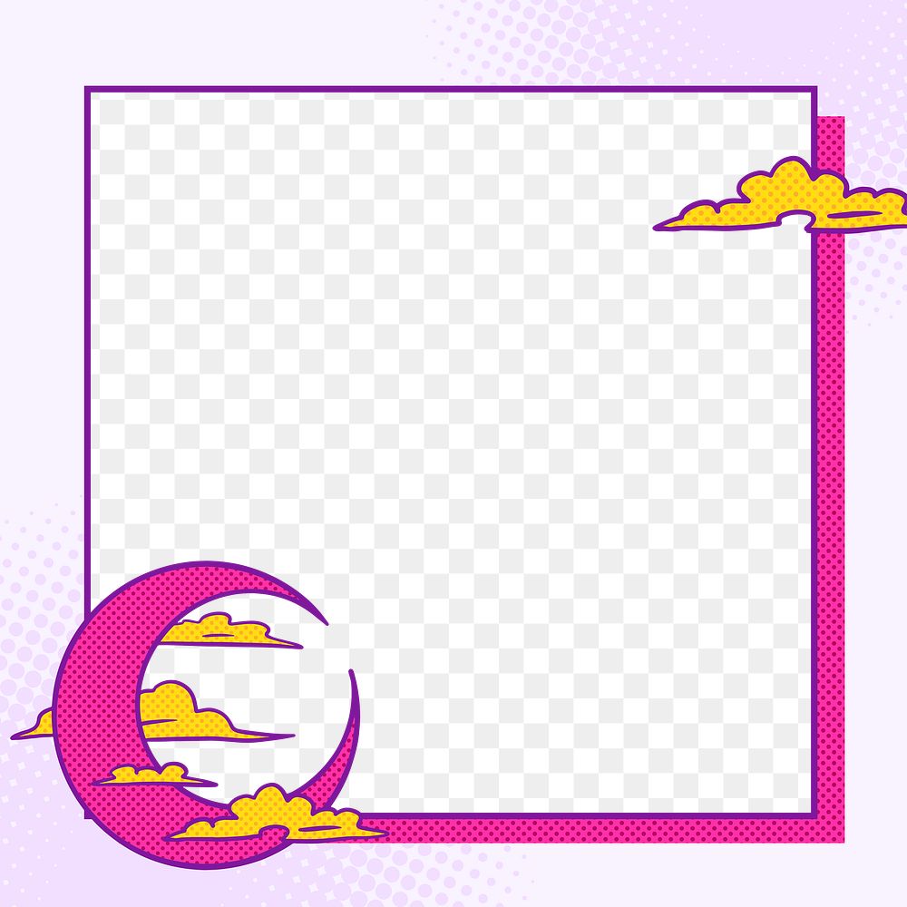Pop art pink crescent moon with yellow clouds frame design element