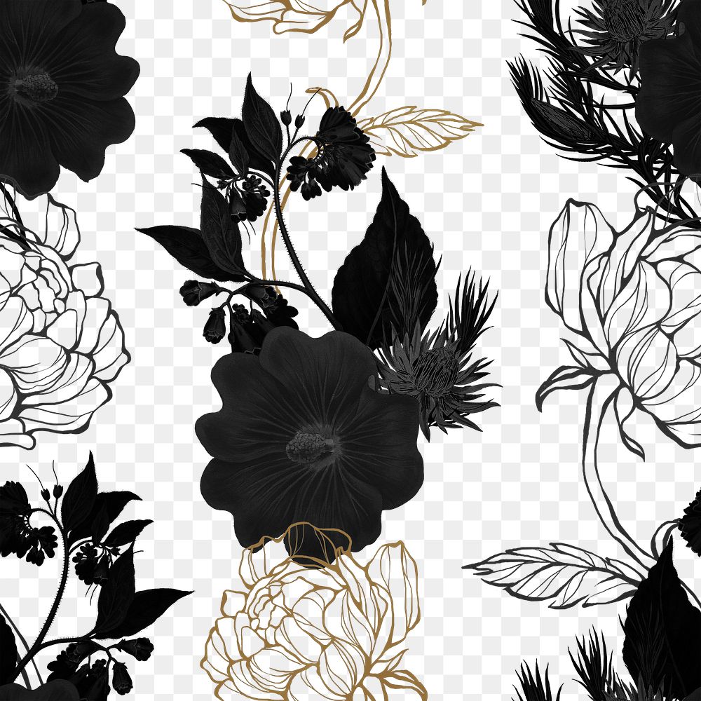 Hand drawn black and gold flower patterned background design element