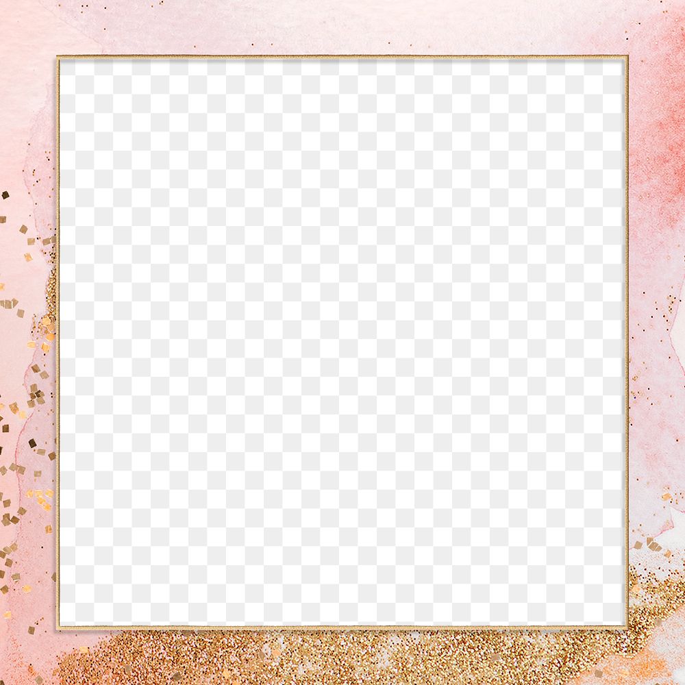 Gold square frame on pink watercolor background design element