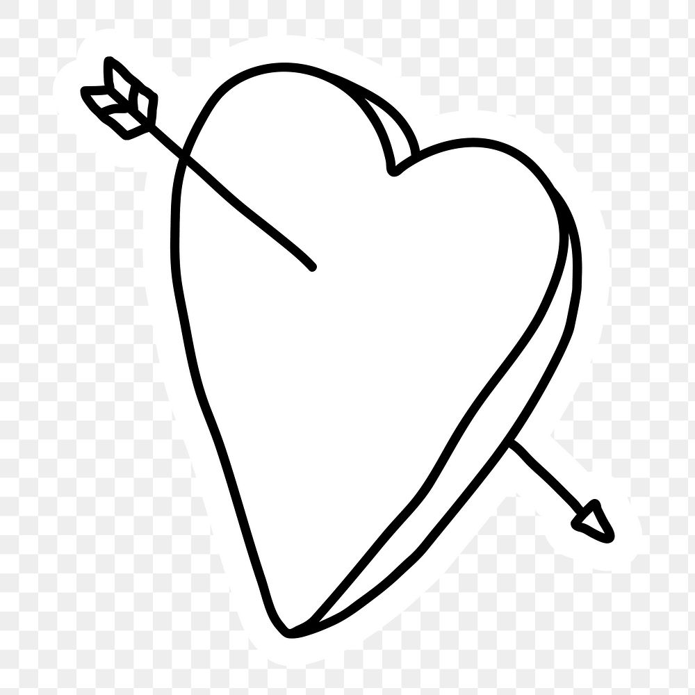 Black and white heart with an arrow doodle sticker design element