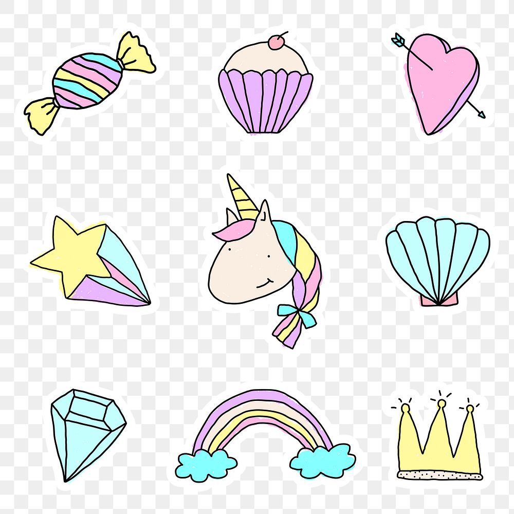 Cute pastel doodle sticker with a white border design element set