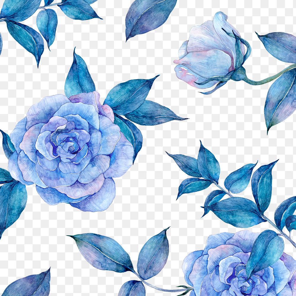 Blue watercolor rose png patterned background