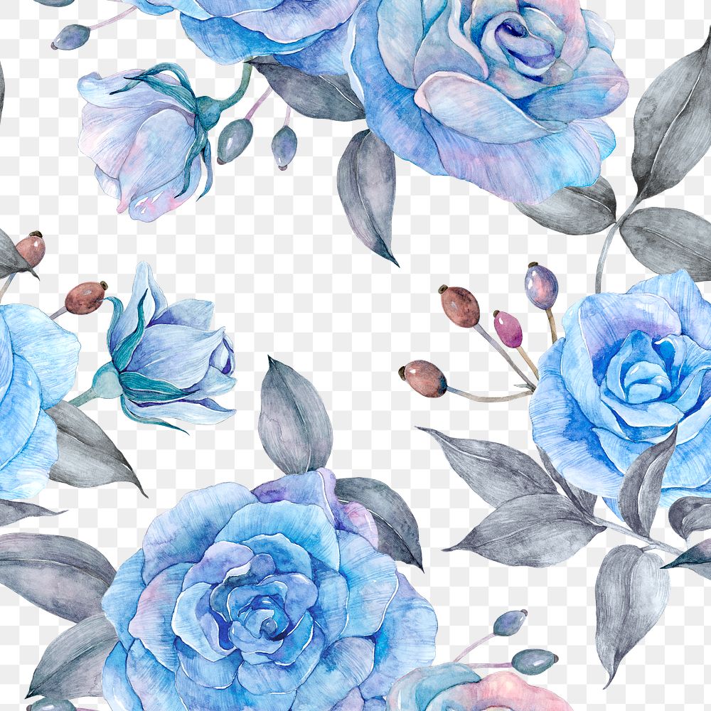 PNG blue watercolor rose flower pattern