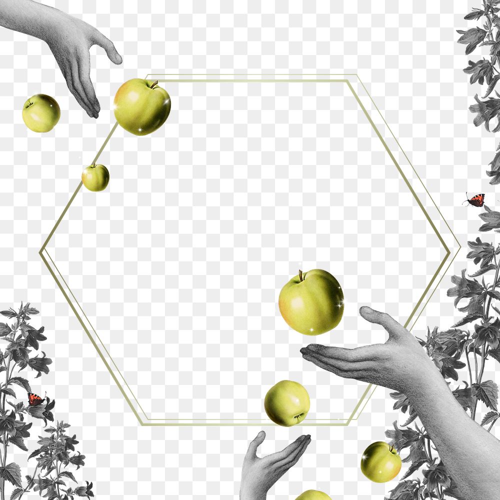 Png hands and apples frame hexagon background 