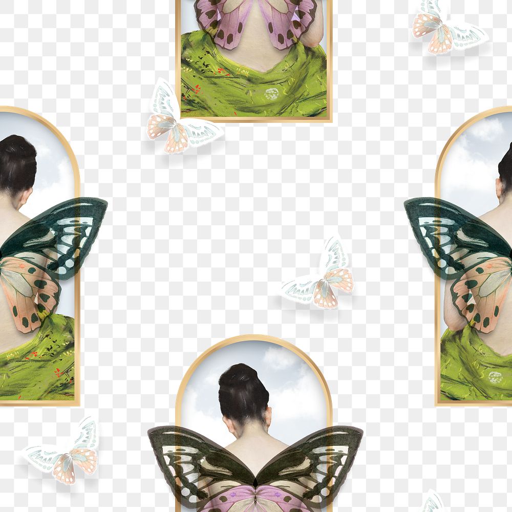 Butterfly woman seamless pattern png background vintage mixed media