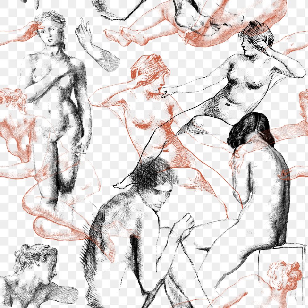 Nude woman seamless pattern png vintage mixed media