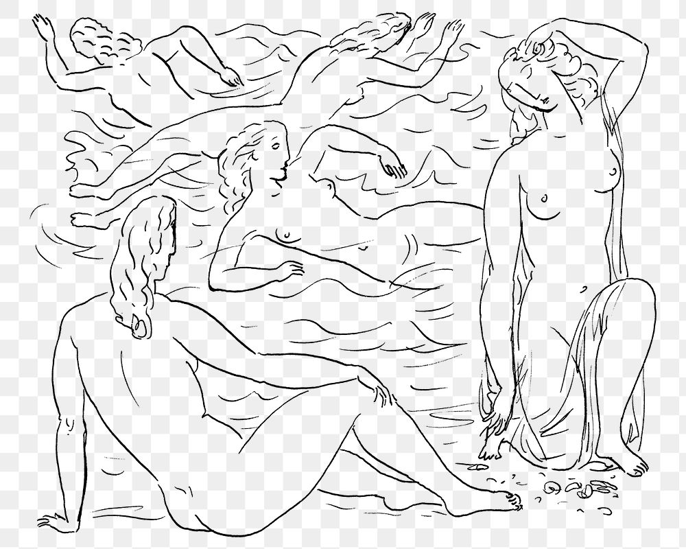 Nude ladies on the beach png vintage illustration