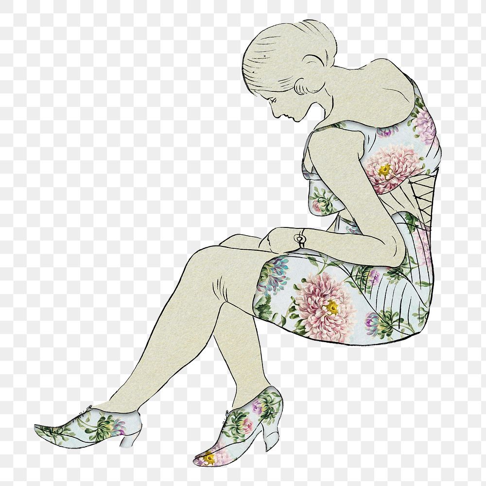 Women in floral dress png vintage illustration