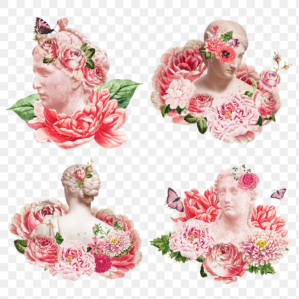 Woman head Greek and roman sculpture with flowers png mixed media art sticker set 