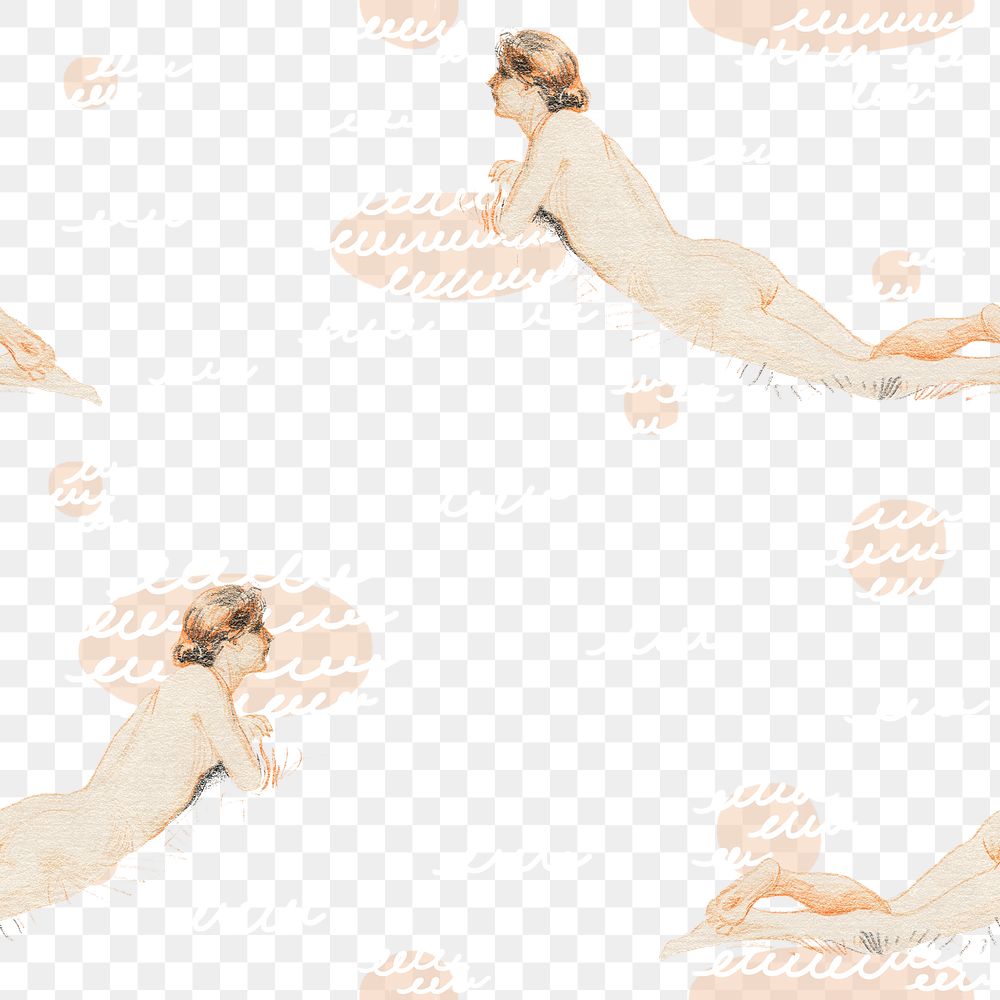 Vintage lying female nude png seamless background