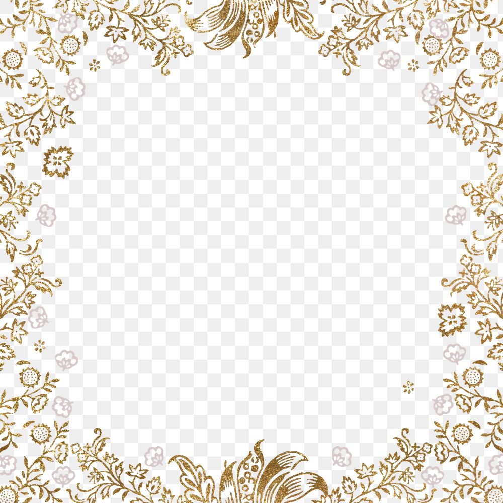 Gold png glitter ornamental leaves, floral border frame pattern