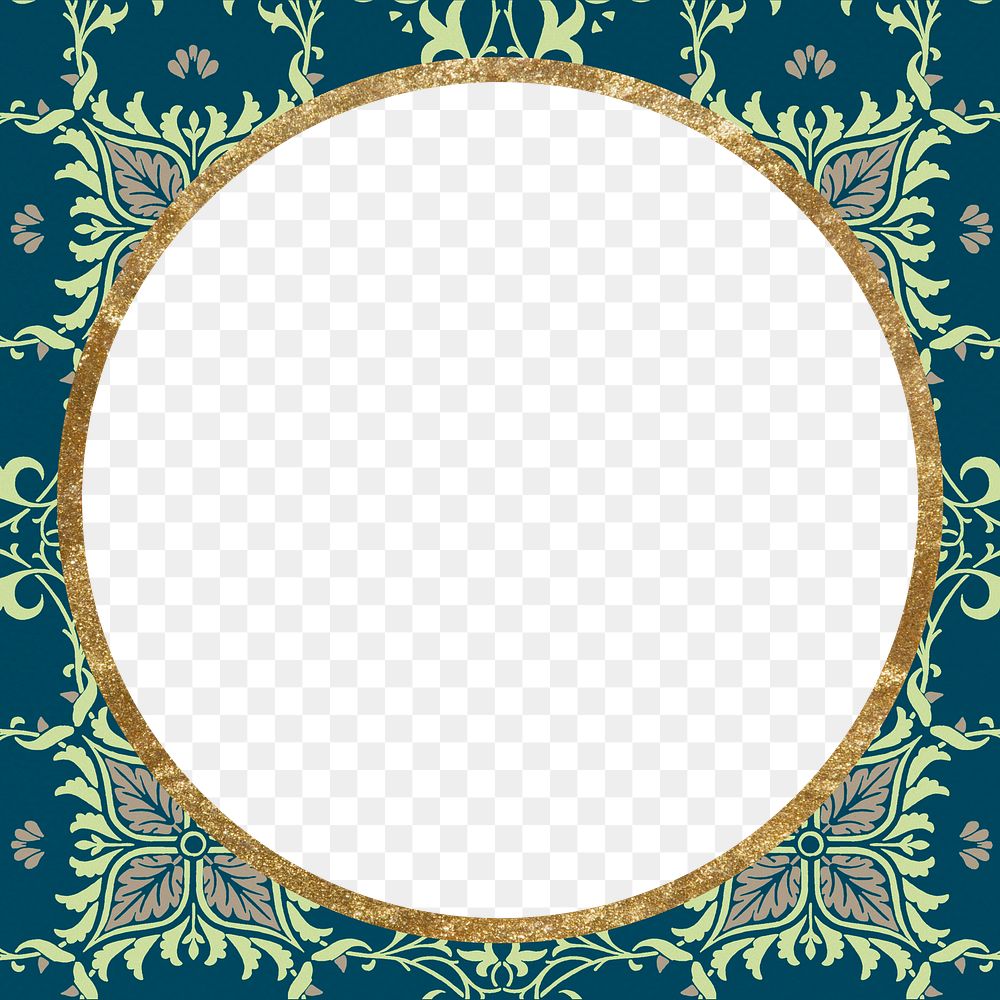 Gold glitter round frame on green leaves pattern design element