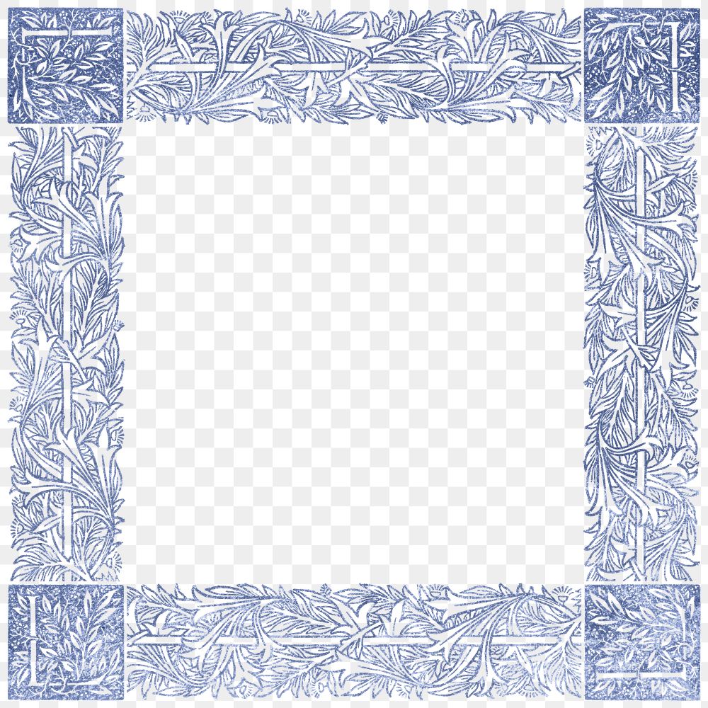 PNG flower ornament blue frame pattern inspired by William Morris