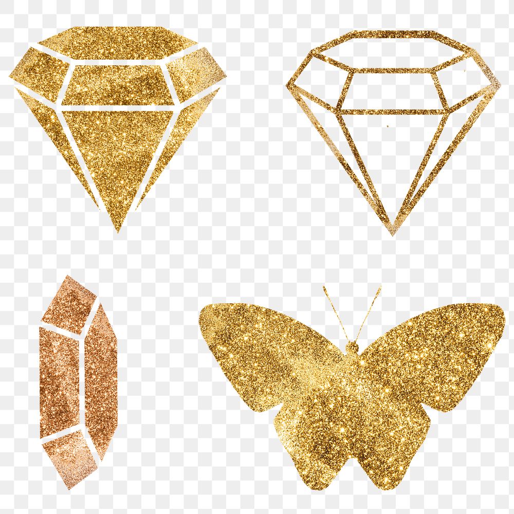 Png golden diamond and butterfly sign set