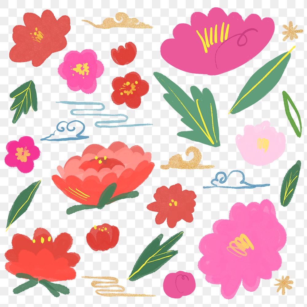 Hand drawn oriental flower png botanical set