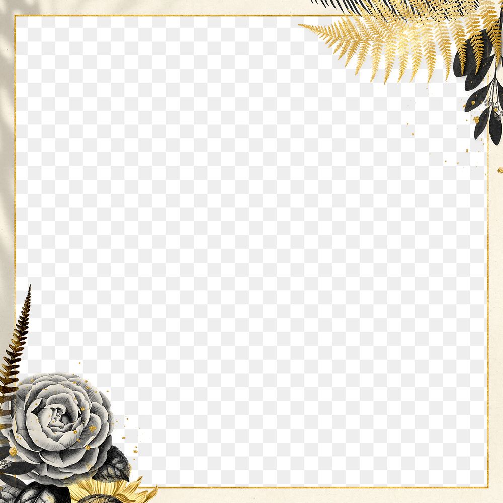 Png camellia fern leaf gold frame on beige textured background