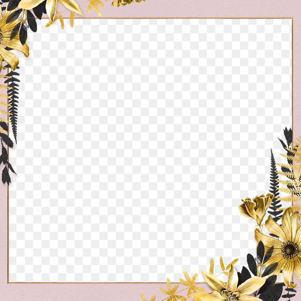 Vintage flowers png gold frame illustration pink background