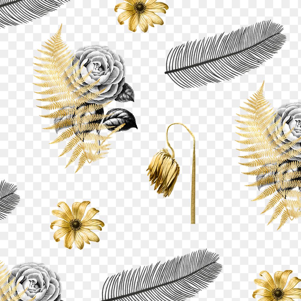 Png flowers and leaf metallic gold hand drawn botanical pattern