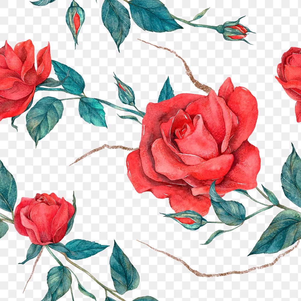 Blooming red rose png seamless pattern transparent background