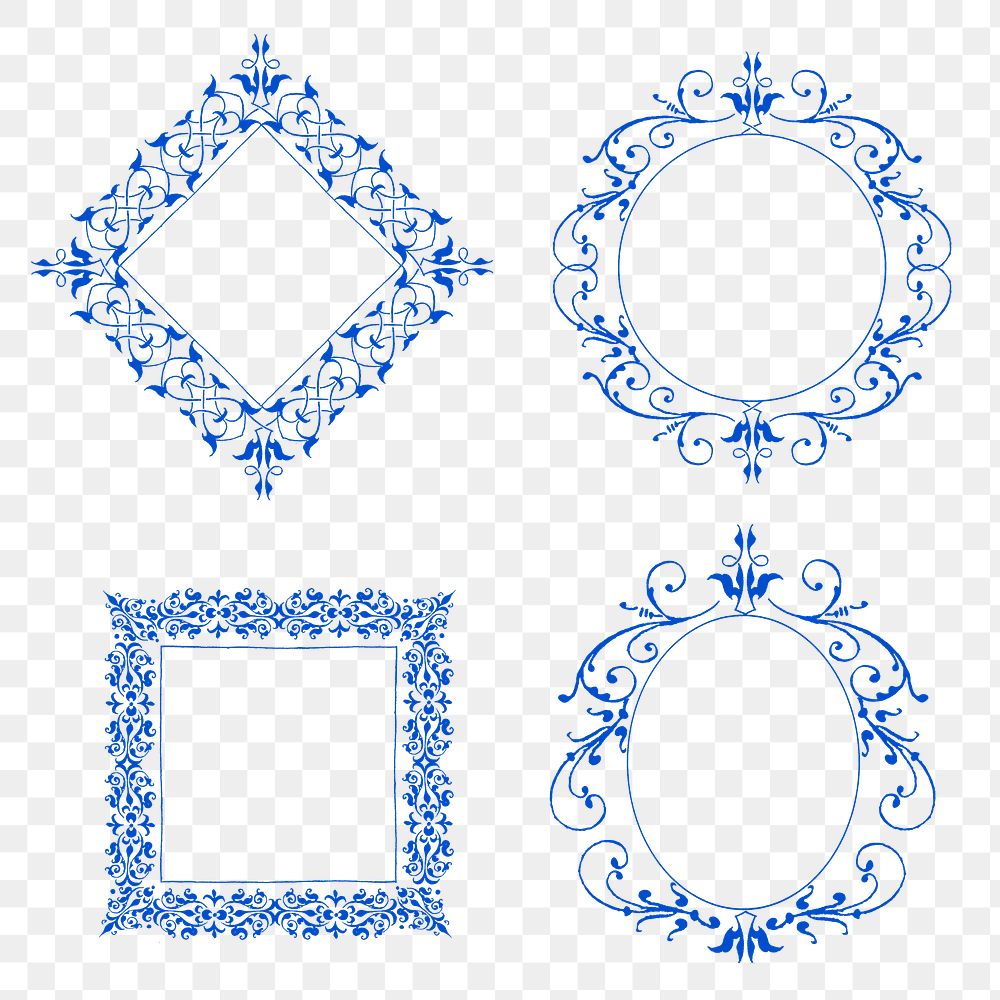 Blue filigree frame set png, remix from The Model Book of Calligraphy Joris Hoefnagel and Georg Bocskay