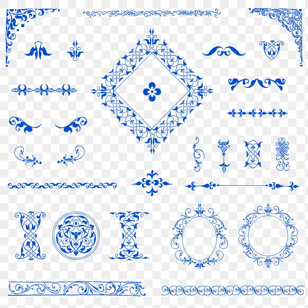 Vintage blue ornamental element png set, remix from The Model Book of Calligraphy Joris Hoefnagel and Georg Bocskay