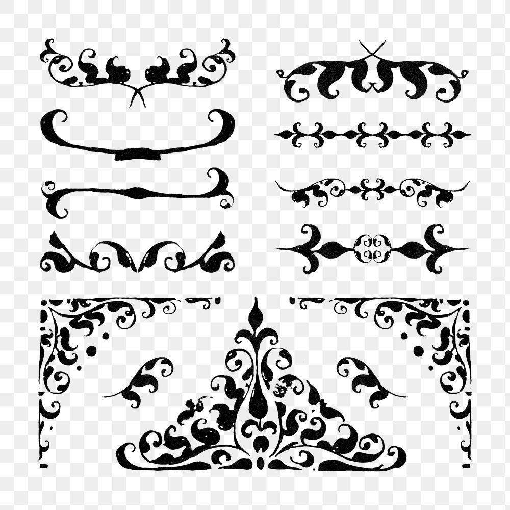 Black png vintage divider flourish ornamental element set, remix from The Model Book of Calligraphy Joris Hoefnagel and…