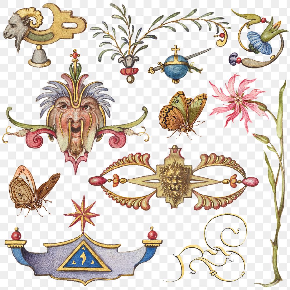 Victorian ornamental png decorative set, remix from The Model Book of Calligraphy Joris Hoefnagel and Georg Bocskay