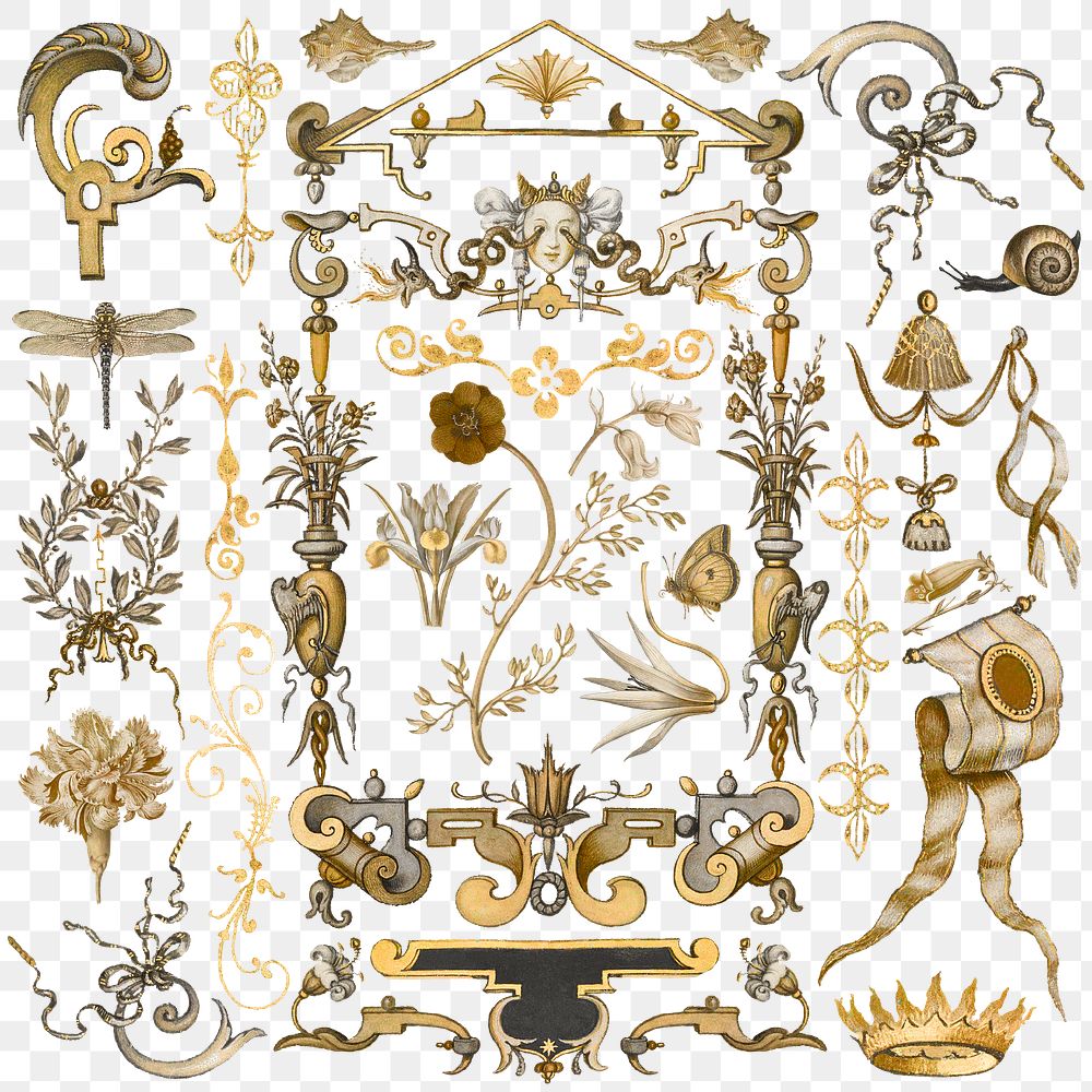 Png gold antique Victorian decorative ornament set, remix from The Model Book of Calligraphy Joris Hoefnagel and Georg…