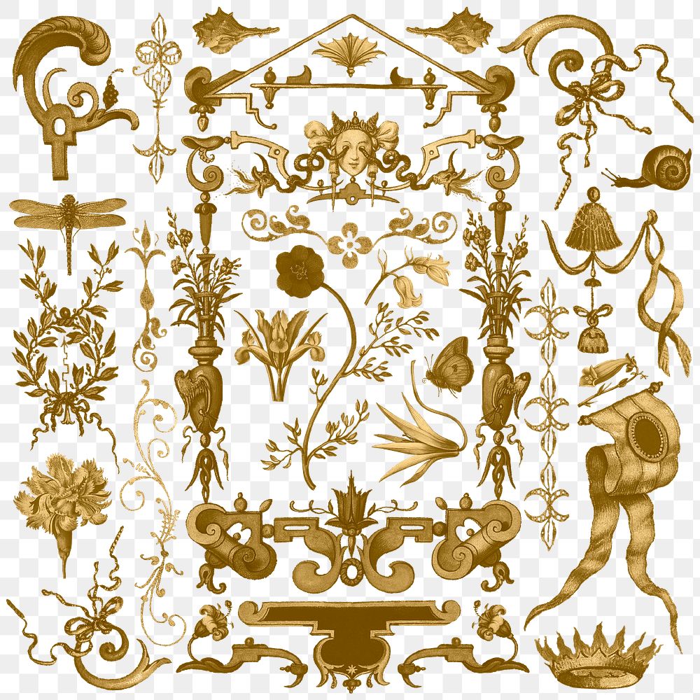 Gold antique Victorian png decorative ornament set, remix from The Model Book of Calligraphy Joris Hoefnagel and Georg…