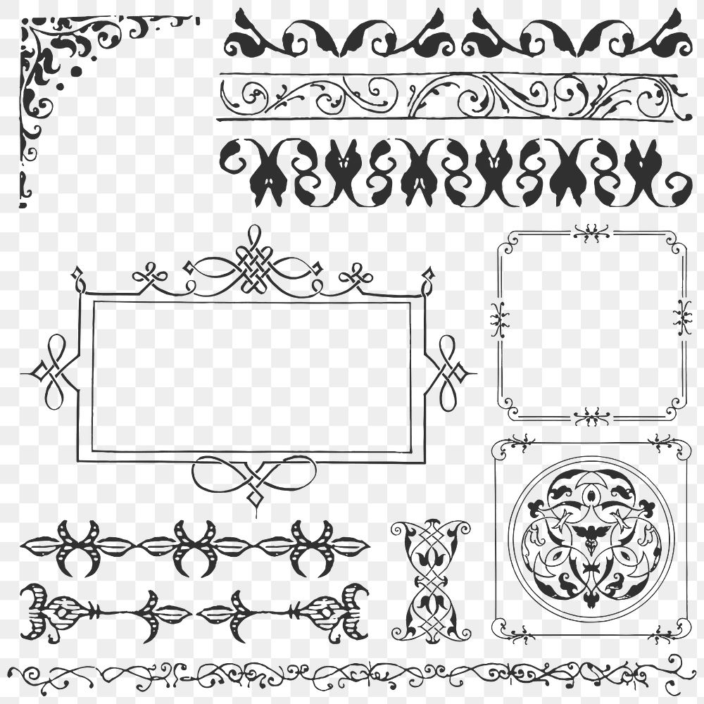 Black vintage frame ornate png element set, remix from The Model Book of Calligraphy Joris Hoefnagel and Georg Bocskay