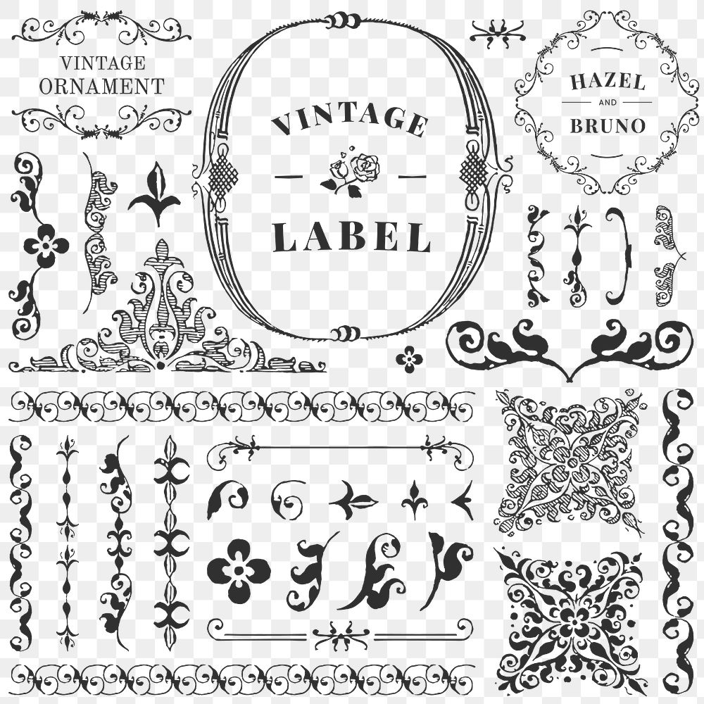 Vintage png label ornate element set, remix from The Model Book of Calligraphy Joris Hoefnagel and Georg Bocskay