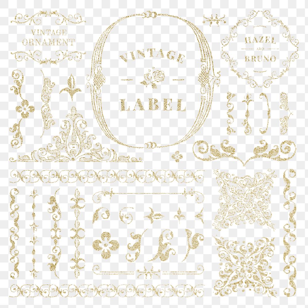 Png gold glittery vintage ornamental element set, remix from The Model Book of Calligraphy Joris Hoefnagel and Georg Bocskay