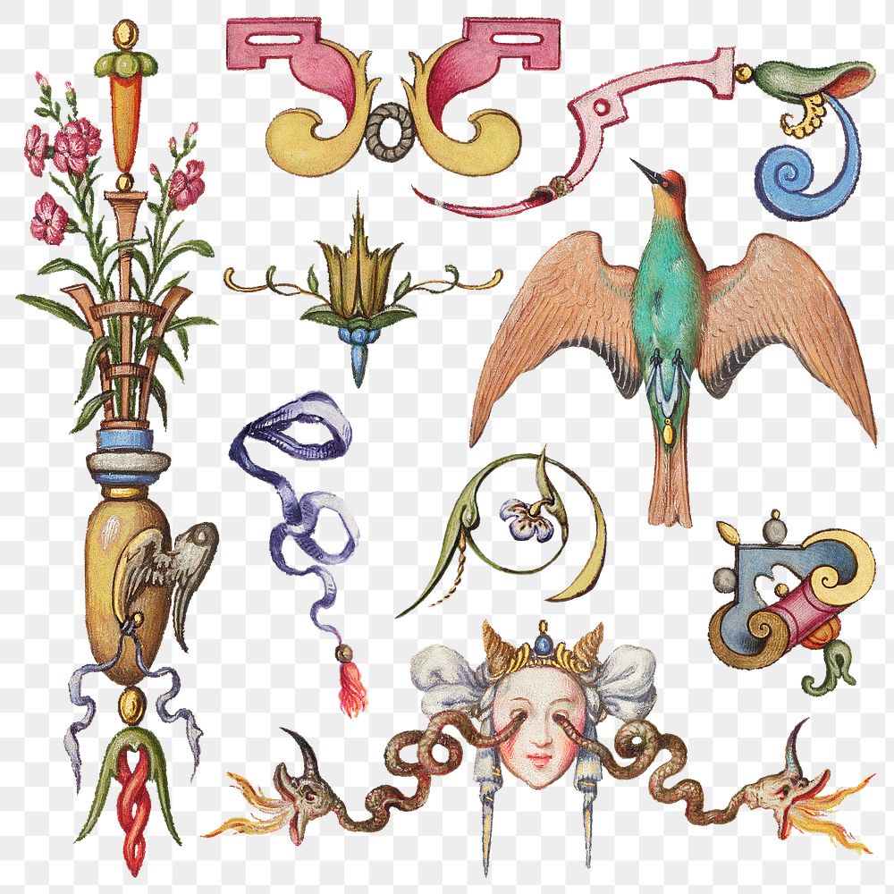 Victorian element decorative style png set, remix from The Model Book of Calligraphy Joris Hoefnagel and Georg Bocskay