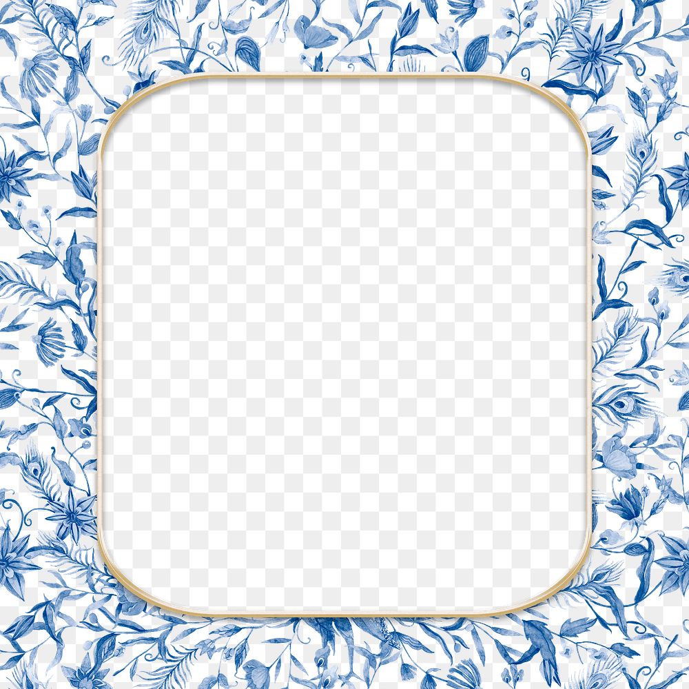 Png floral frame in blue watercolor bone China pattern with transparent background