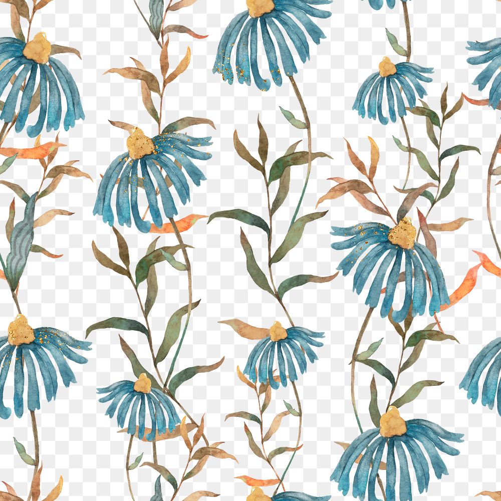 Png seamless blue flower pattern transparent background