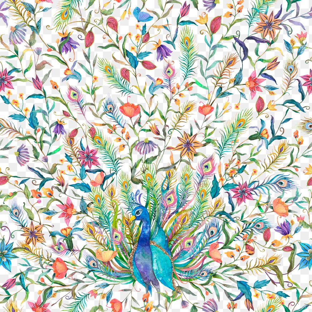 Png seamless pattern with peacock and flowers on transparent background