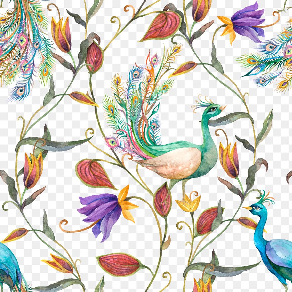 Png seamless pattern with peacock and flowers on transparent background