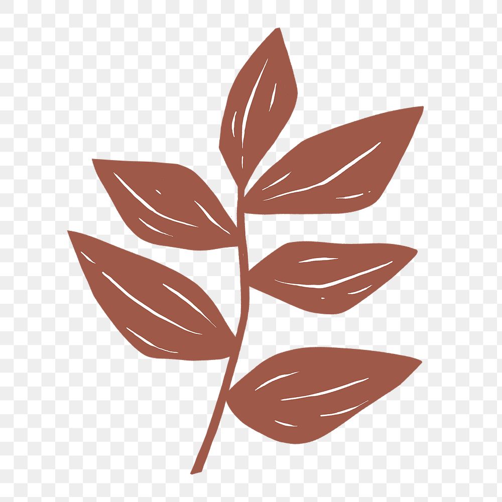 Retro brown leaf png plant sticker linocut