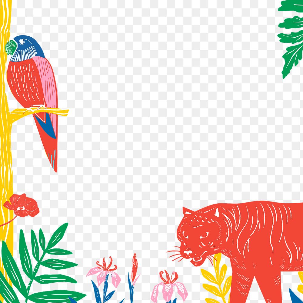 Vintage animals frame png colorful linocut jungle background