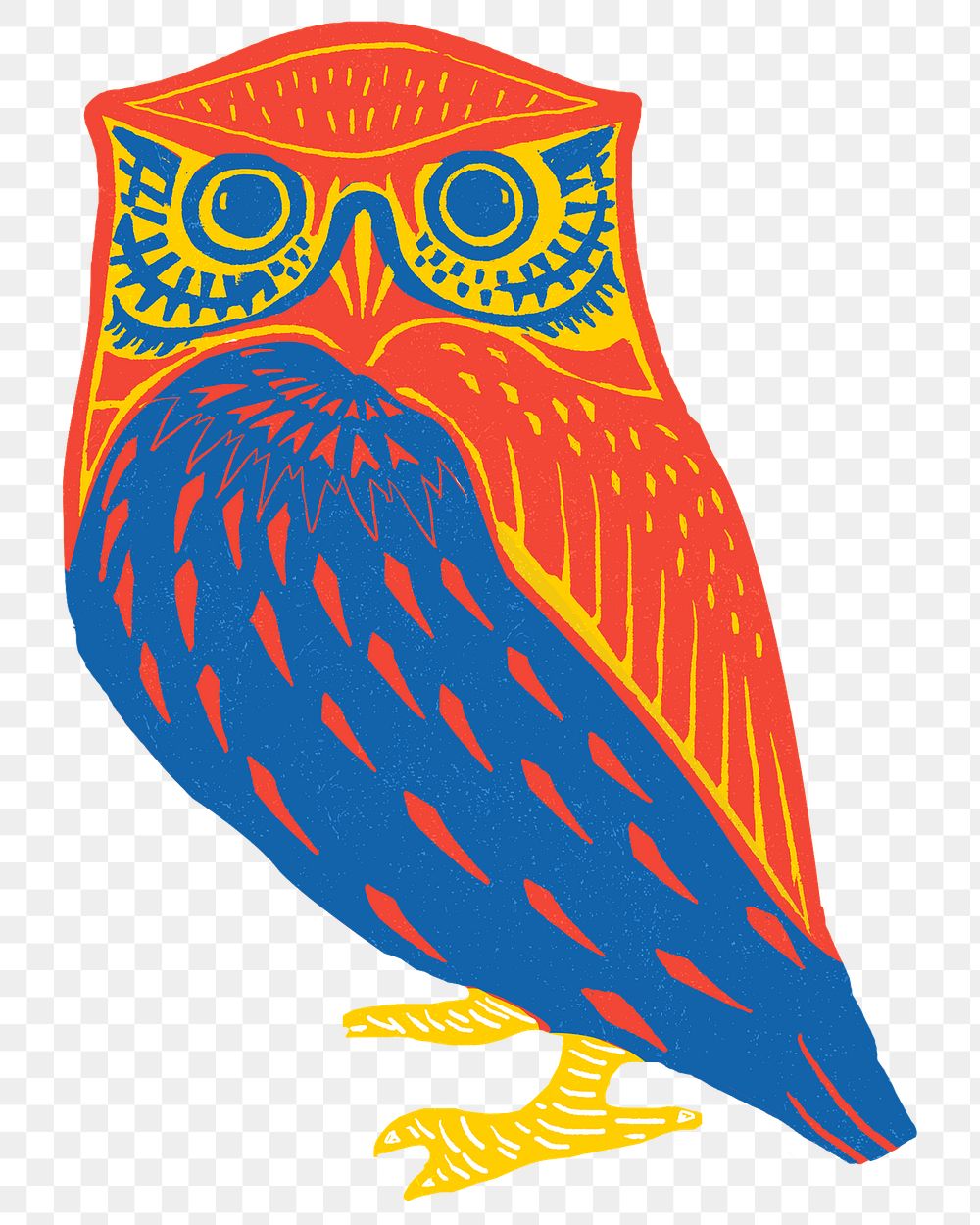 Vintage colorful owl png sticker bird linocut clipart