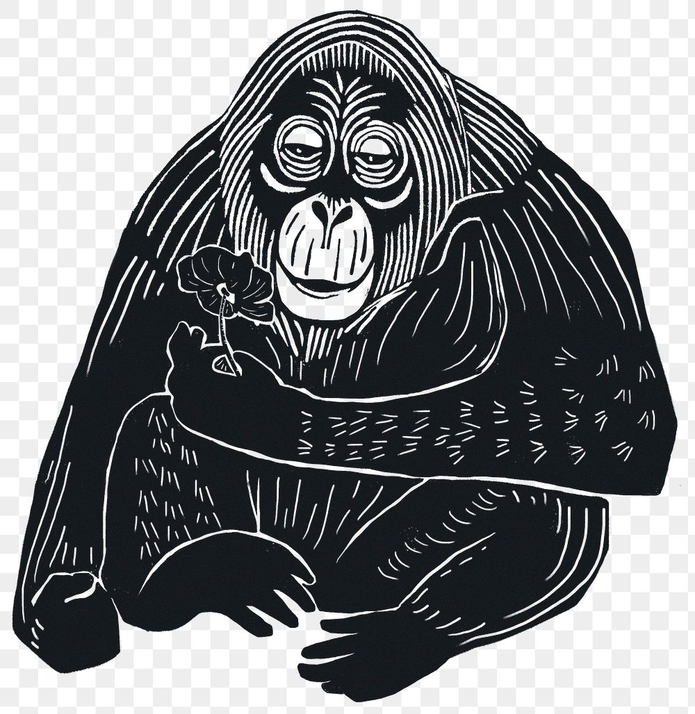 Orangutans png sticker black linocut stencil pattern clipart