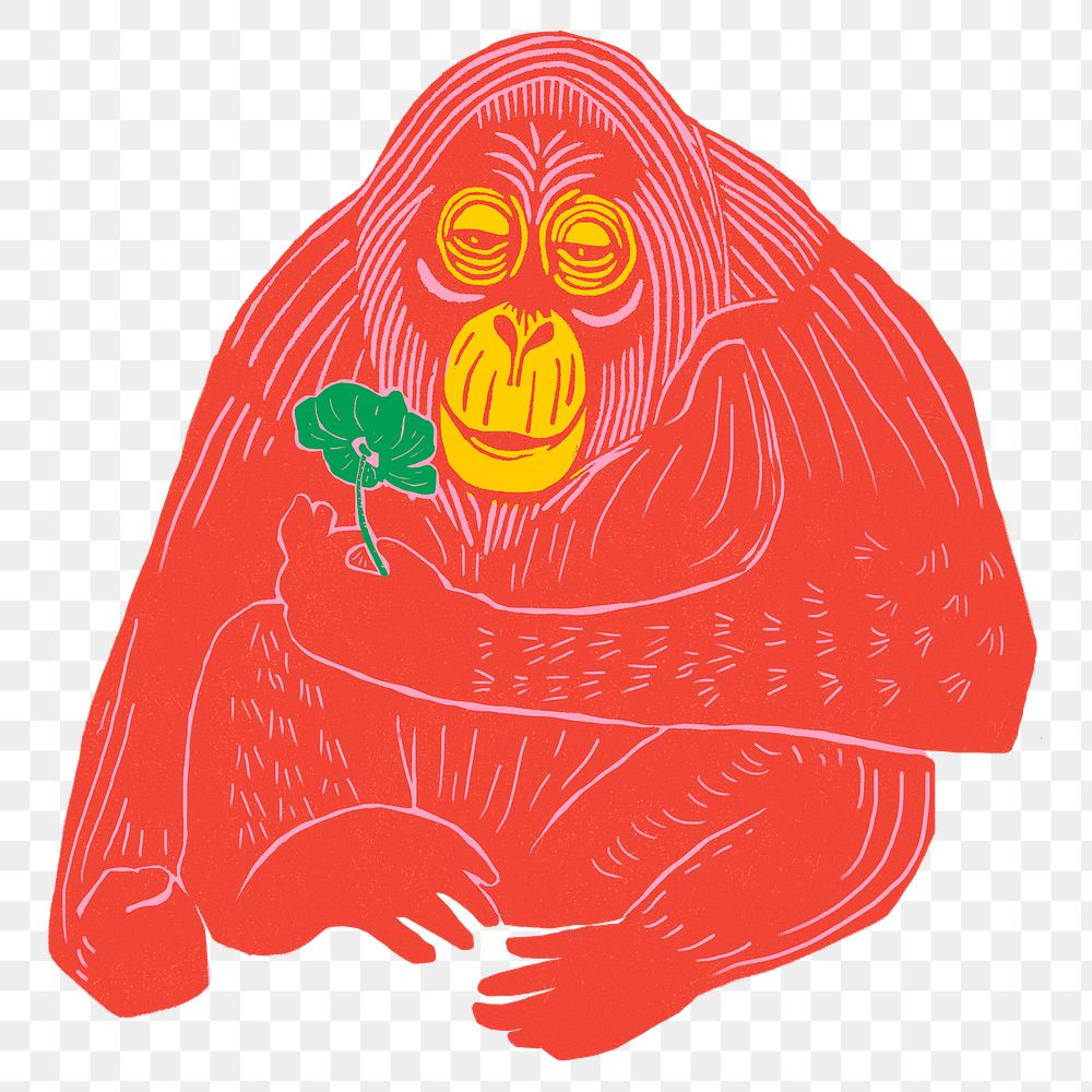 Red orangutan vintage png animal sticker linocut clipart