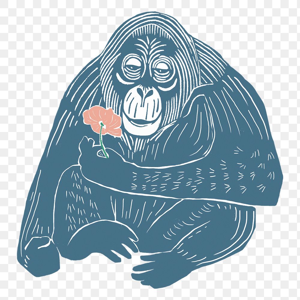 Vintage blue orangutan png sticker linocut style illustration